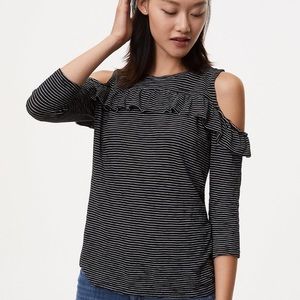 LOFT Striped Cold Shoulder 3/4 Sleeve Ruffle Tee